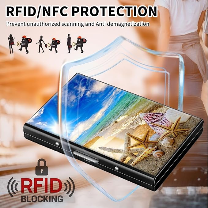 FUYOCWE RFID Credit Card Holder,Small Metal Credit Card Case Wallet,Slim Mini Business Card Holder Organizer Hard ID Case Security wallet for Men Women -Beautiful Beach Seashells