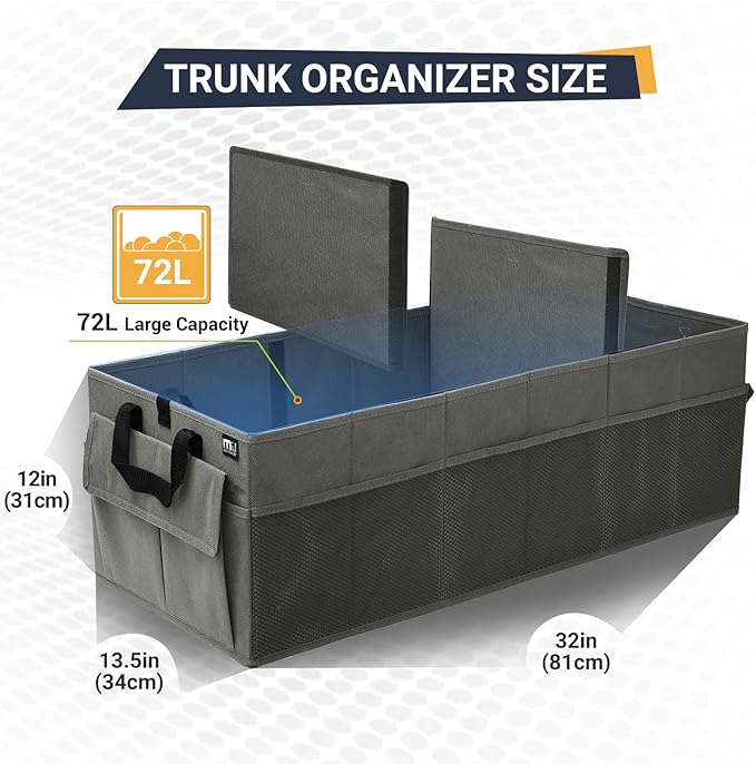 MIU COLOR Trunk Organizer for Car, 12 Pockets Sturdy Car Organizer for SUV, Non-Slip Bottom, Folded Trunk Storage Organizer for Sedans, Van, Jeep, Grocery, Large 3 Compartments, Dark Gray 32"×13"×10"