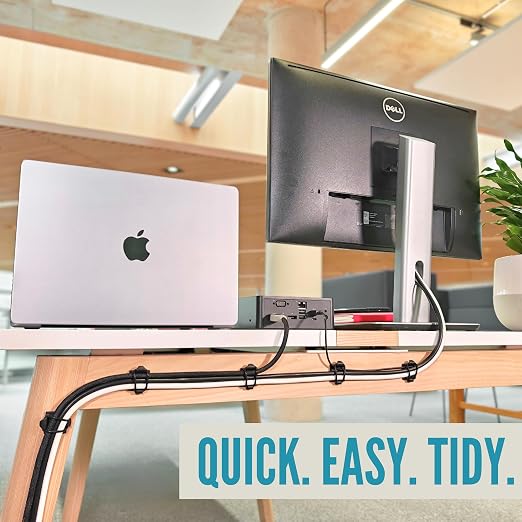 [Made in the UK] 10-Pack Adjustable Elastic Adhesive Cable Clips, Wire Management Holder, Cord Organizer for Home Office, Under Desk, Behind TV, Phone Charger, Laptop, PC, HDMI, USB (Black)