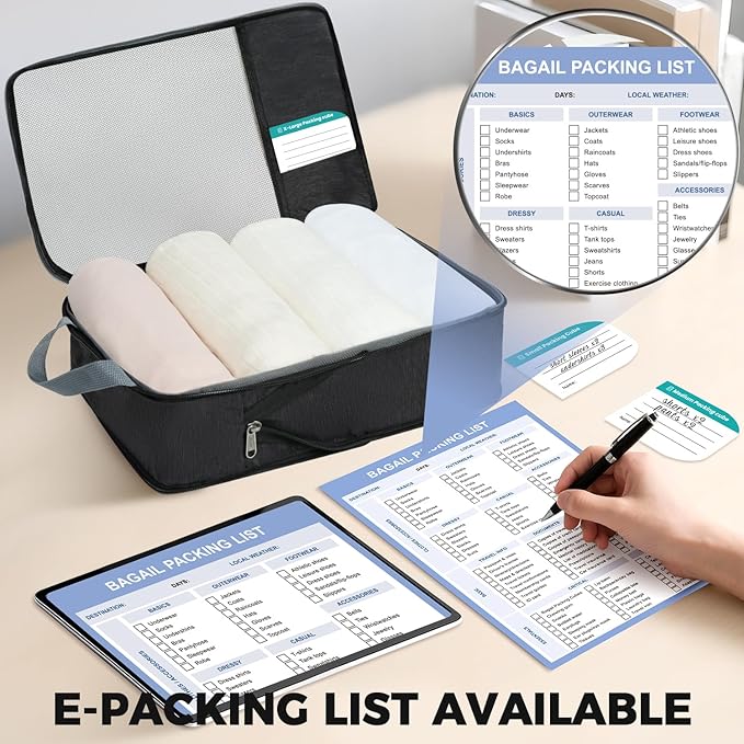 BAGAIL 6 Set Lightweight Compression Packing Cubes with Packing List, Anti-Tearing Expandable Organizer Bags for Travel, Black