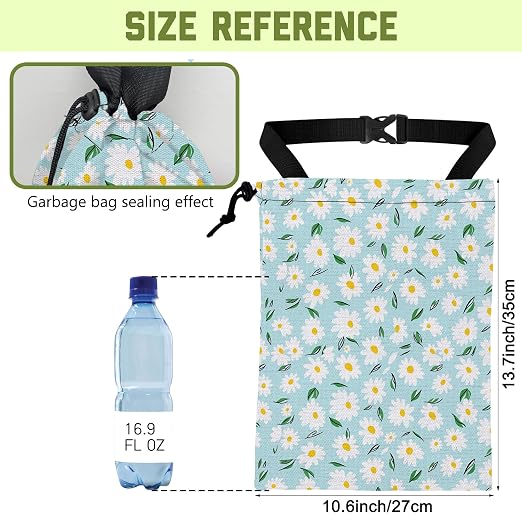 Car Trash Bag Blue Daisy Floral Leak-Proof Waterproof Car Garbage Bag with Drawstring Foldable Canvas Trash Bin with Adjustable Buckle for Car Accessories