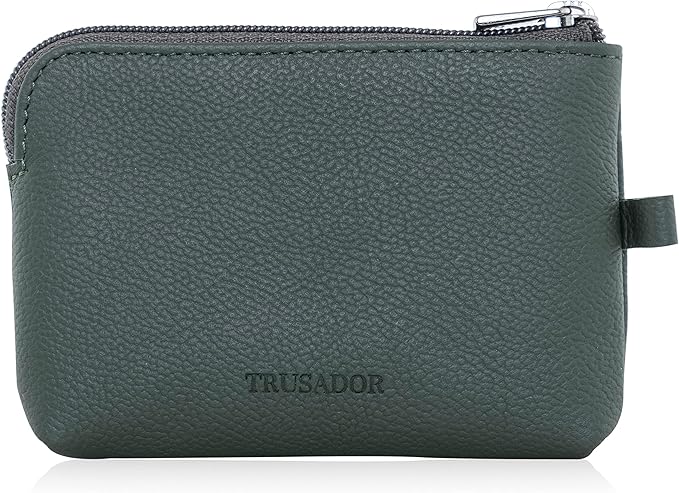 Trusador Milano Unisex Leather Front Pocket Wallet Coin Purse Zipper Pouch with Keychain (Green)