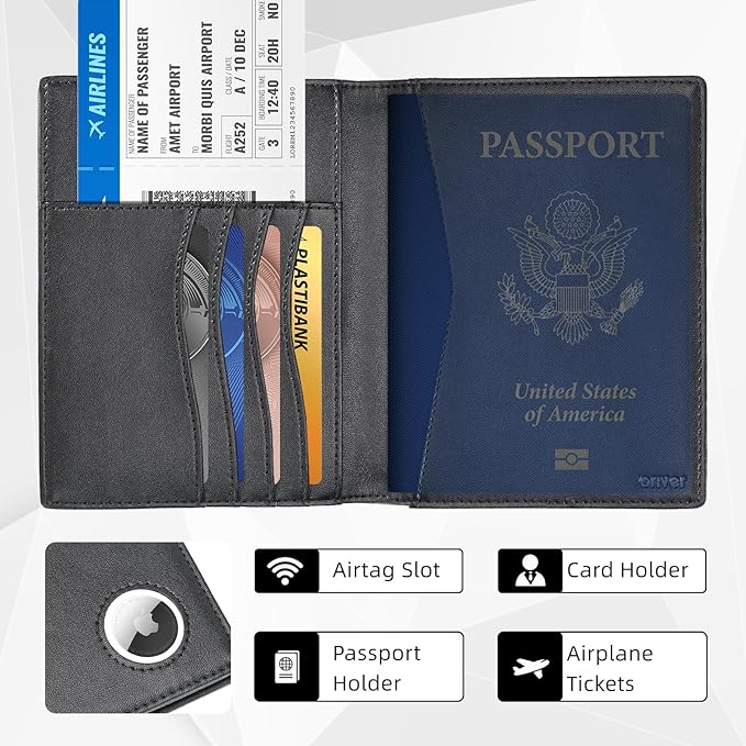 oriver Airtag Passport Holder with RFID Blocking, Slim Leather Passport Cover with AirTag Slot, Bifold Travel Wallet with 4 Cards Slots & Tickets & Cash, Black