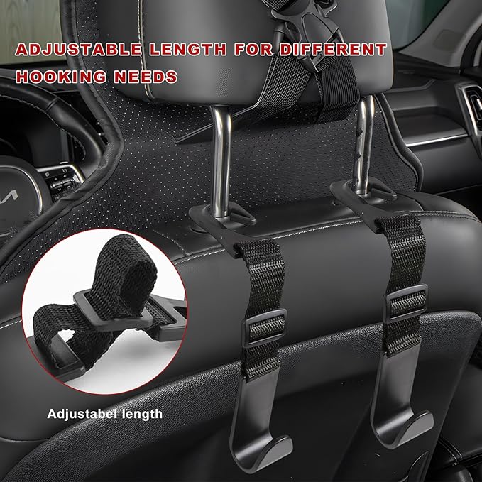 4PCS Car Seat Headrest Hook, Adjustable Vehicle Backseat Hanger Storage Organizer, Universal Seat Back Holder Hooks for Purse Coat Grocery Bag, Car Accessories (Black)