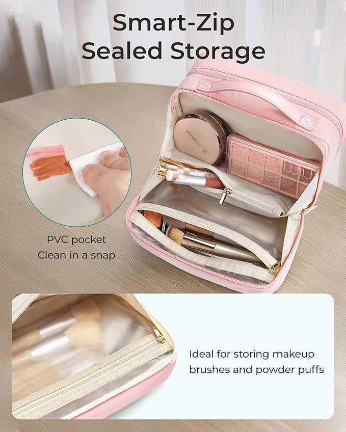 BAGSMART Travel Makeup Bag, Make Up Bag with Multiple Compartments for Organizer, Compact & Durable Cosmetic Organizer for Women for Travel Accessories (Pink