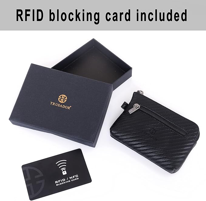 Trusador Milano Unisex Leather Front Pocket Wallet Coin Purse Zipper Pouch with Keychain (Carbon)
