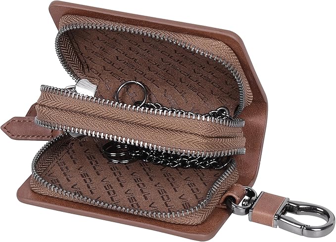 VISOUL Car Key Case Holder Double Zipper, Leather Car Smart Key Fob Case with Keychain for Men and Women