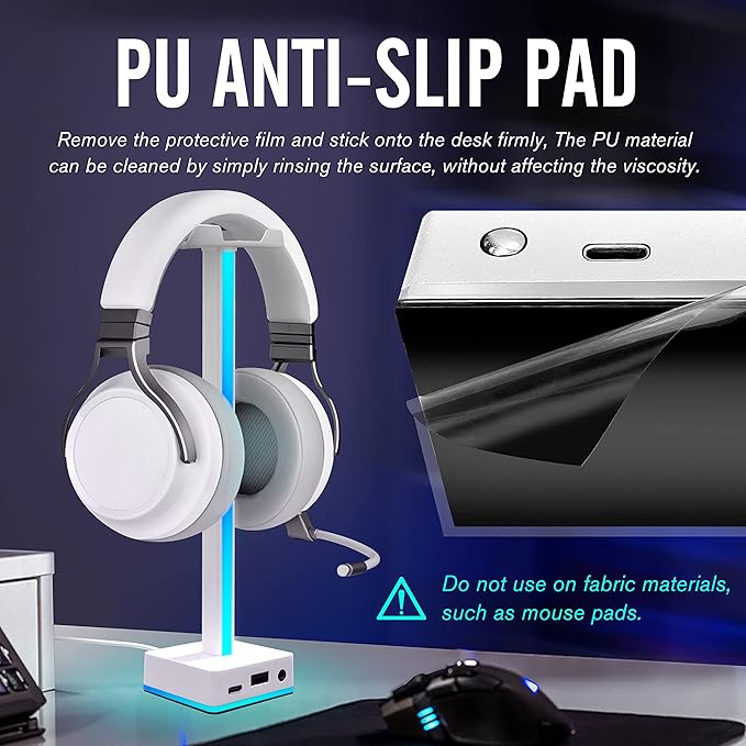 EZDIY-FAB USB LED Light Bar Headphones Stand, Desktop Atmosphere RGB Backlight,50 Built-in Color Modes, Headphone Holder for Gamers Gaming PC Accessories Desk- White- 1 Pack