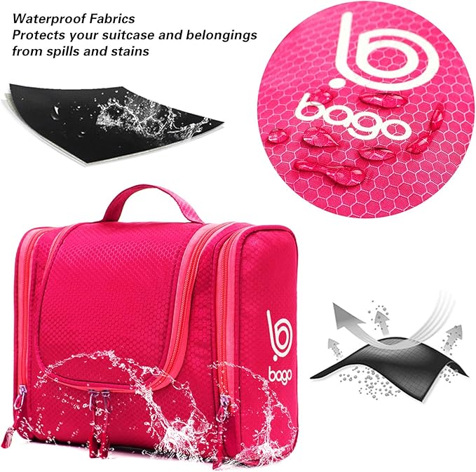 Bago Travel Toiletry Bag for Women and Men - Large Waterproof Hanging Large Toiletry Bag for Bathroom and Travelling Bag for Toiletries Organizer - Travel Makeup Bag (Pink)