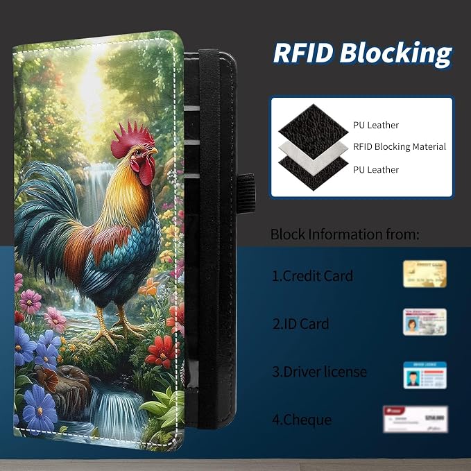 Check Book Cover for Personal Checkbook with Duplicate Checks for Women's & Men PU Leather Wallets Check Book Holder with Pen Card Slots Elastic Strap, Rooster In The Flowers