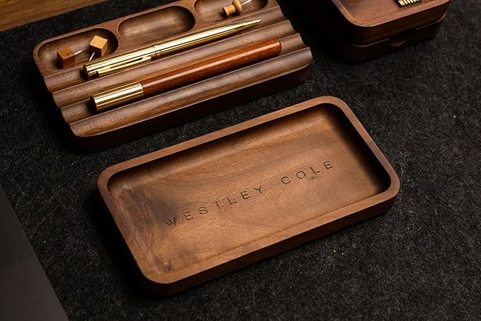 MUUJEE Engraved Wooden Desk Organization 4 Piece Set - for Desk Accessories Work Professional Office Teacher Dad Wood Tray Rustic Minimalist Organizer Pens Pencils Sticky Notes