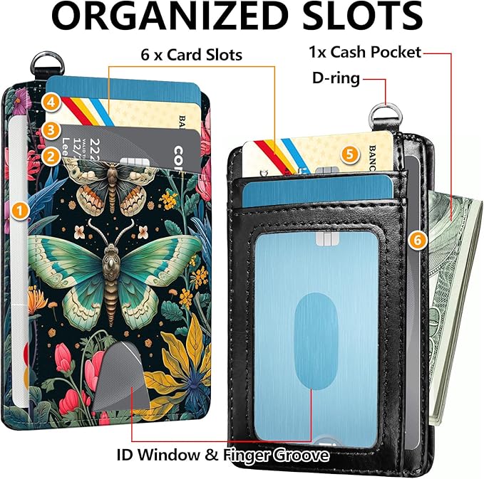 Slim RFID Blocking Card Holder Wallet with Wrist Strap - Minimalist Front Pocket Wallet, Moth Flower 02 Design, PU Leathe, for Men & Women, Ideal for Travel & Gifts