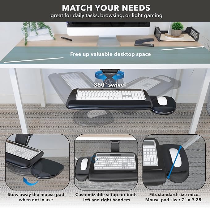 Mount-It! Under Desk Keyboard Tray, Adjustable Slide-Out Keyboard & Mouse Platform, 20.5" W × 11" D, Ergonomic Wrist Rest, Tilt & Swivel, Heavy-Duty Bolt-On Keyboard Drawer for Home Office, Black