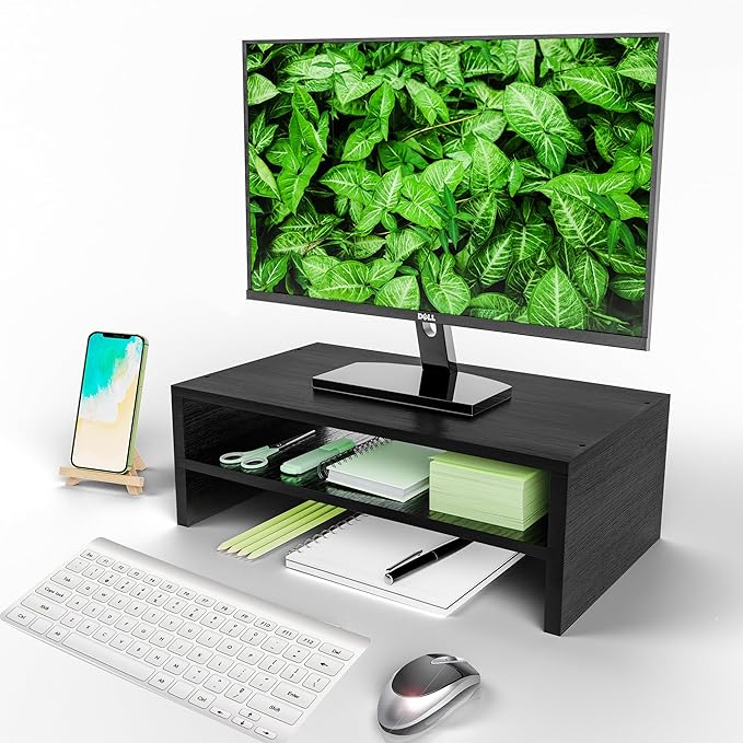 Simple Trending Monitor Stand Riser, 2-Tier Wood Office Desk Storage Organizer for Laptop, Computer