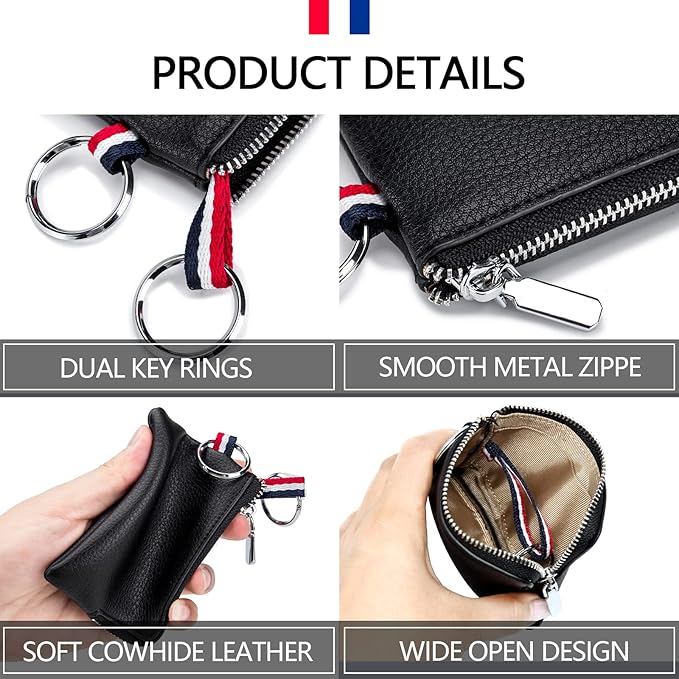 Leather Coin Purse, Change Purse for Men Women (Black, standard) | Mini Coin Pouch with Zipper & 2 Keyrings, Water-resistant Genuine Leather Wallet for Pocket, Daily,Gifts
