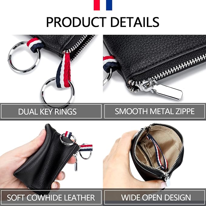 Leather Coin Purse, Change Purse for Men Women (Black, large) | Mini Coin Pouch with Zipper & 2 Keyrings, Water-resistant Genuine Leather Wallet for Pocket, Daily,Gifts