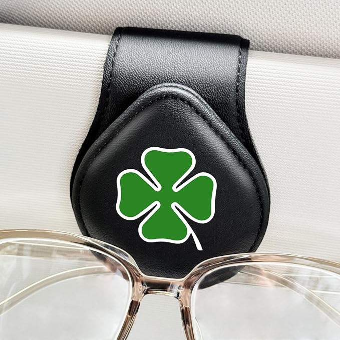 Lucky Four Leaf Clover - Car Sunglass Holder, Magnetic Leather Eyeglass Hanger Mount Clip Holder for Car Visor Accessories