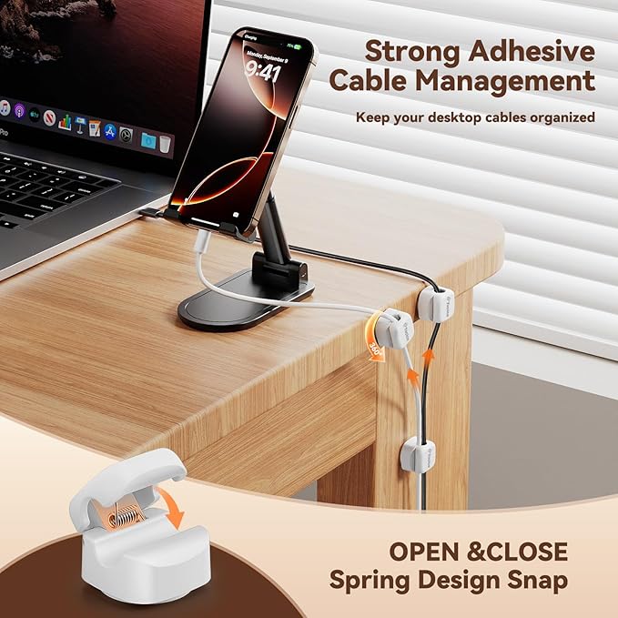6Pack Rotatable Cord Organizer,Spring Cable Clips Desk Cable Management Cord Holder Adhesive Phone Charger Cord Clips for Home Office Car Wall Nightstand Accessories, White