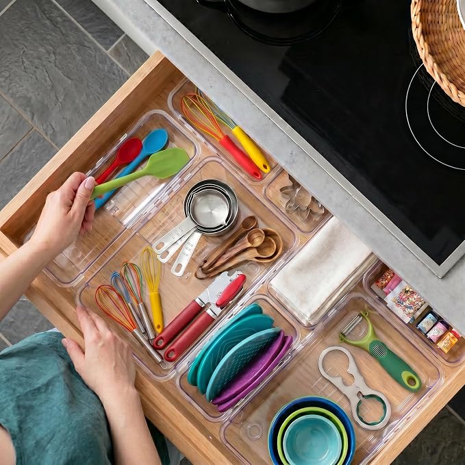 14 Pcs Expandable Clear Drawer Organizer, 3-Size Extendable Drawer Divider, Adjustable Plastic Storage Box, Arcrylic Storage Bins for Makeup Vanity Drawer Dresser DIY Desk Office Kitchen Utensils