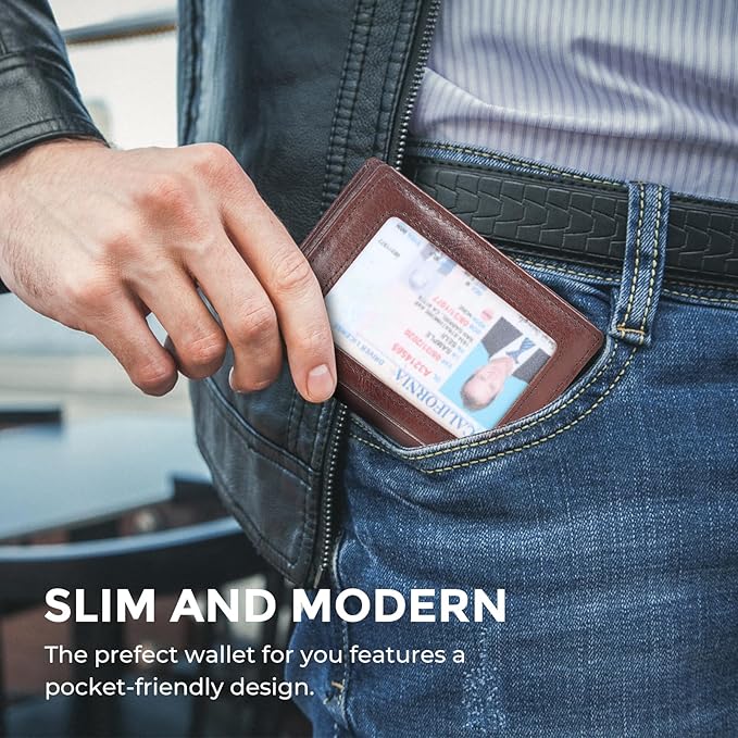 RFID Blocking Front Pocket Minimalist Slim Leather Bifold Wallet Credit Card Case Holder ID Window