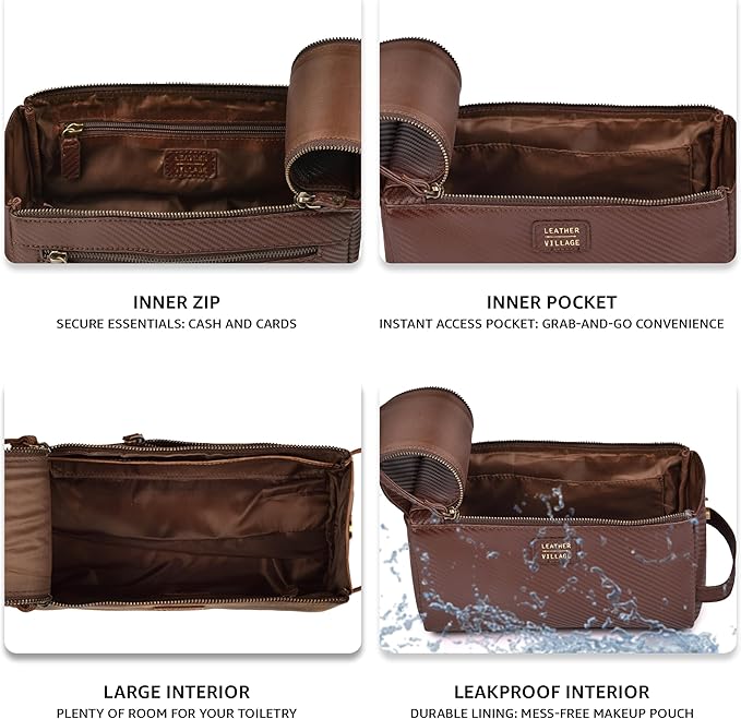 LEATHER VILLAGE Genuine Carbon Fiber Genuine Leather Travel Toiletry Bag - Large Dopp Kit, Water-Resistance Bathroom & Shaving Organizer for Men & Women - Brown