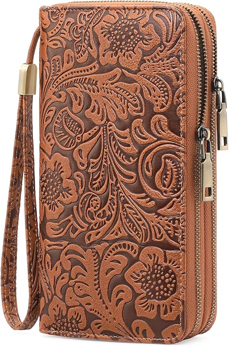 GOIACII Women's Wallet Wristlet Ladies Phone Purse RFID Blocking Large Card Holder Double Zip Grip Strap Vegan Leather