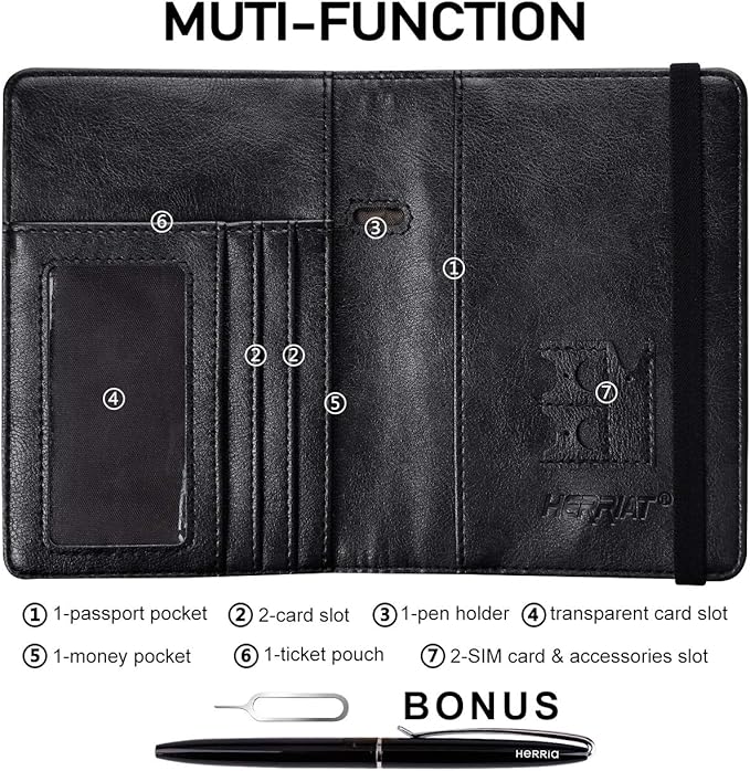 HerriaT Leather Passport Holder Cover Case RFID Blocking Travel Wallets Card Case for Women Men(Black)