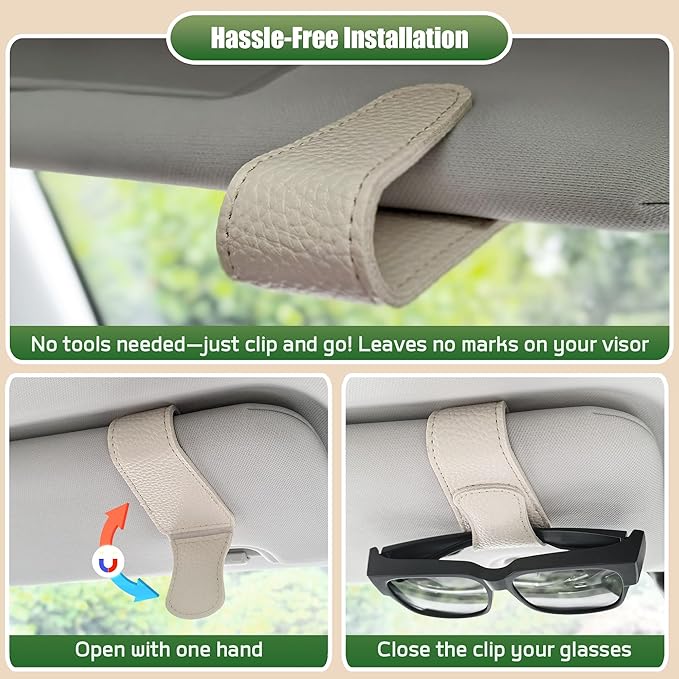 2 Packs Sunglasses Holders for Car Visor, Magnetic Leather Glasses Eyeglass Hanger Clip for Car, Ticket Card Clip Sunglasses Mount, Sunglass Organizer for Auto Accessories (White)