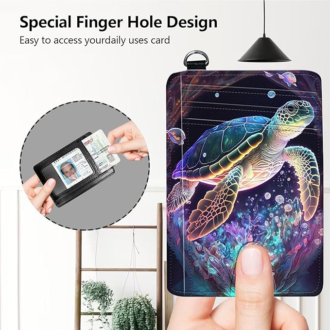 Slim RFID Blocking Card Holder Wallet with Wrist Strap - Minimalist Front Pocket Wallet, Sea turtle 02 Design, PU Leathe, for Men & Women, Ideal for Travel & Gifts