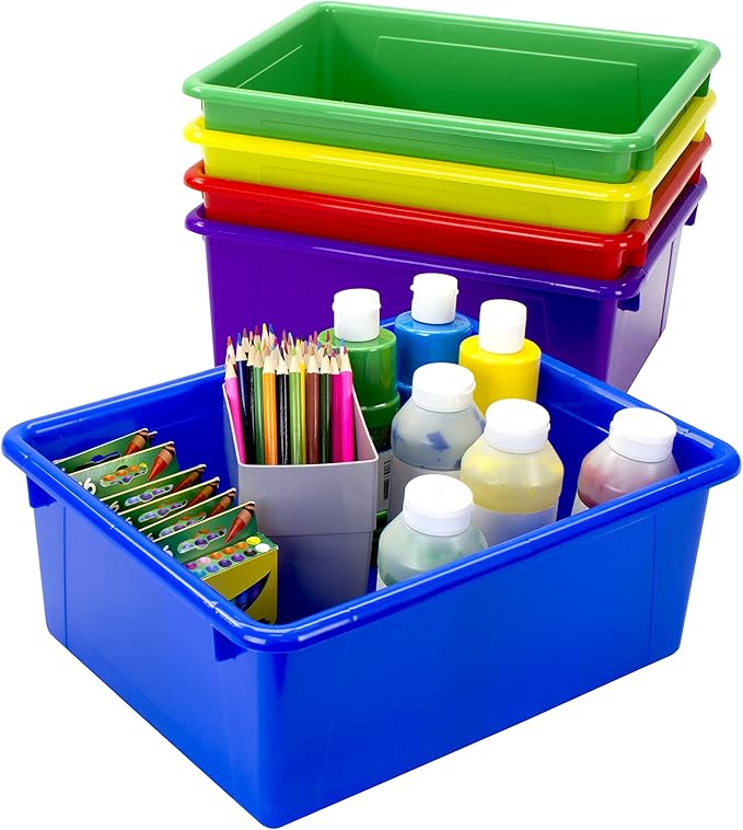 Storex Letter Size Deep Storage Tray – Organizer Bin for Classroom, Office and Home, Assorted Colors, 5-Pack (62530A05C), 10 x 13 x 5 Inches