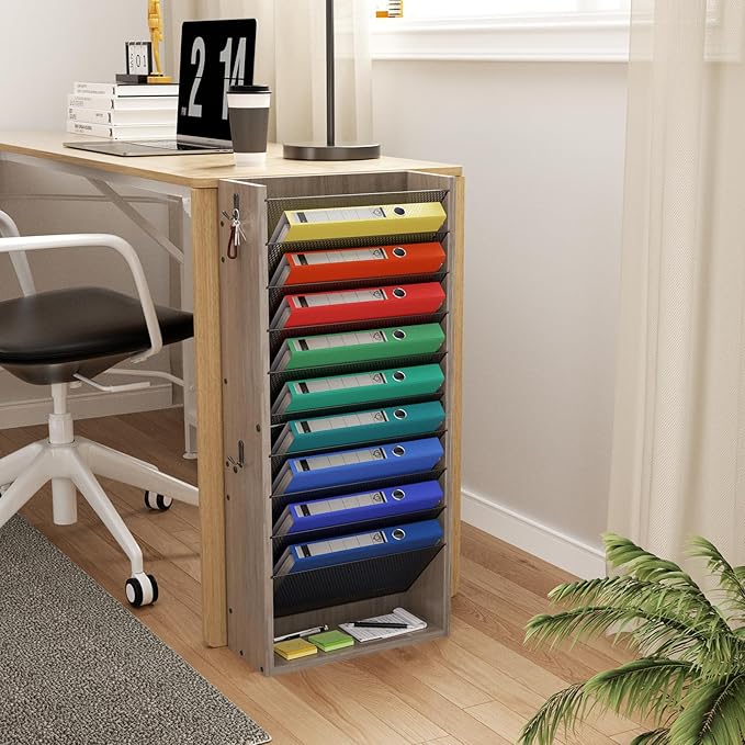 Hanging Wall File Organizer, 11 Tier Wood Wall File Holder with 4 Hooks, Mail Organizer Wall Mounted with Bottom Flat Tray, Vertical Paper Desk Storage for Office, Home, Greige