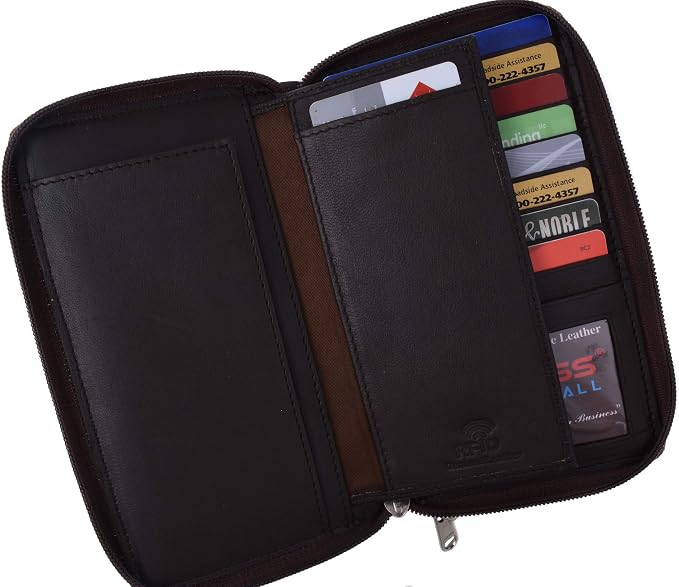 MARSHAL Genuine Leather Double Zipper Clutch Checkbook Wallet for Women #4575CF (RFID Brown)