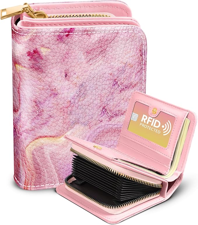 Bistup Credit Card Holder Wallet for Women Cute Leather Ladies Teen Girls Female Cardholder Wallets Accordion Purse Small Medium Aesthetic Print Marble Modern Design Rfid Zipper Around