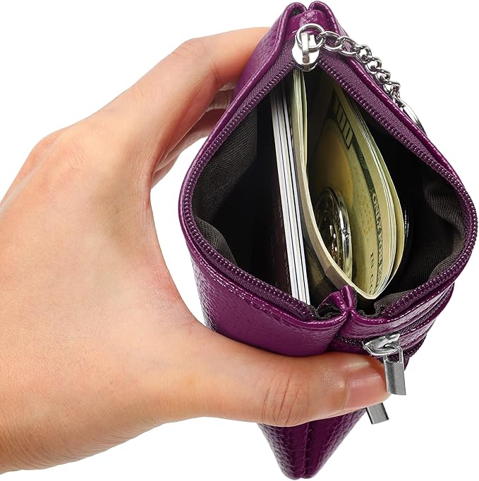 Chelmon 2 Pack Coin Purse Pouch Change Card Holder Small Wallet with Keychain for Women and Men (Purple & Purple)