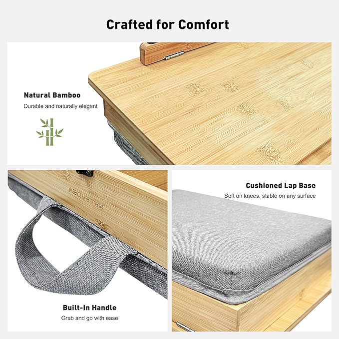 AboveTEK Book Stand for Reading with Storage, Adjustable Bamboo Book Holder with Soft Lap Cushion, Cookbook Stand, Hands-Free Book Reading Stand for Bed, Desktop & Kitchen Counter