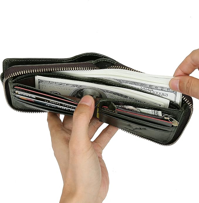 MING CLAN Leather RFID Blocking Bifold Wallet For Men With Zipper, Flap ID Window Zip Coin Pocket, Big Capacity Credit Card Holder For Travel
