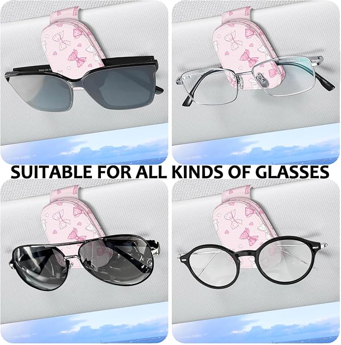 2 Pack Magnetic Leather Sunglass Holder, Universal Magnetic Car Eyeglass Hanger Clip for Different Size Eyeglasses, Car Visor Accessories (Bow)