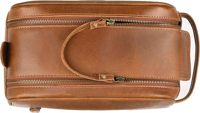 LEATHER VILLAGE Genuine Leather Toiletry Travel Bag With Waterproof Lining - Sun Tan | King-Size Handcrafted Vintage Dopp Kit Bag, Shaving & Bathroom Organizer, Gift for Men & Women