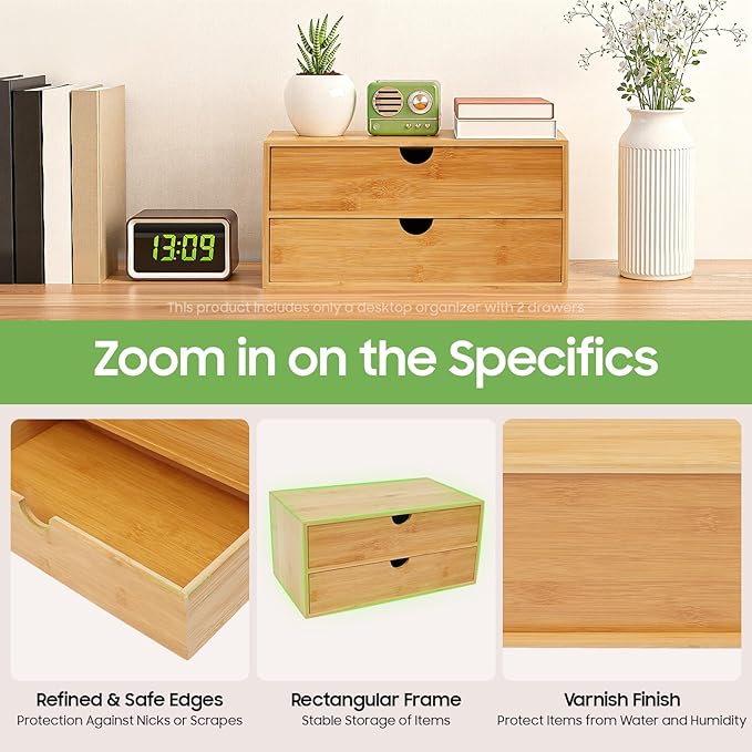 Bamboo Desk Organizer 2 Drawers Tabletop Storage Organization Box, No Assembly Needed for Home Office Storage, 12.99 * 7.48 * 6.3in (1 above & 1 below)