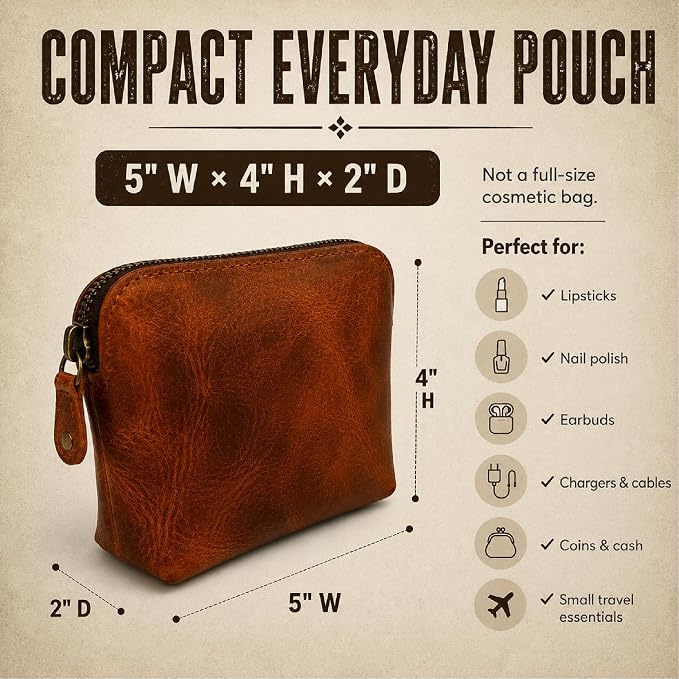Full Grain Leather Cosmetic Bag – Zippered Makeup Pouch for Women, Small Travel Toiletry & Organizer Pouch for Purse, Premium Handmade Leather (5 × 4 × 2.5 in)