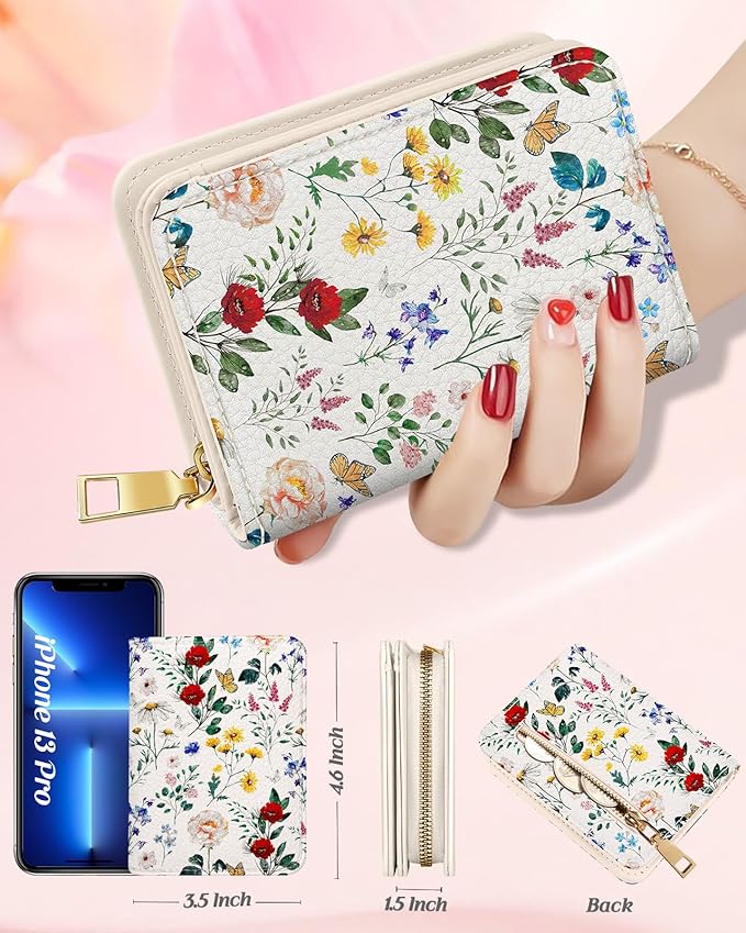 Bistup Credit Card Holder Wallet for Women Cute Leather Ladies Teen Girls Female Cardholder Wallets Accordion Purse Small Medium Aesthetic Print Flower Floral Modern Design Rfid Zipper Around