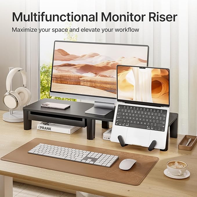 PEGZONE Monitor Stand Riser for Desk, Ergonomic Computer Riser with Storage Drawer, Desktop Shelf Organizer for PC, Laptop, Desk Computer Riser For Home Office