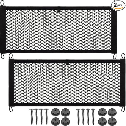 2 Pack Universal Mesh Cargo Net，BetterJonny Stretchable Elastic Automotive Cargo Nets with 8 Pieces Mounting Screws and Hooks for Car Trunk Storage Mesh Pocket Net(24 x 9.8 Inches)