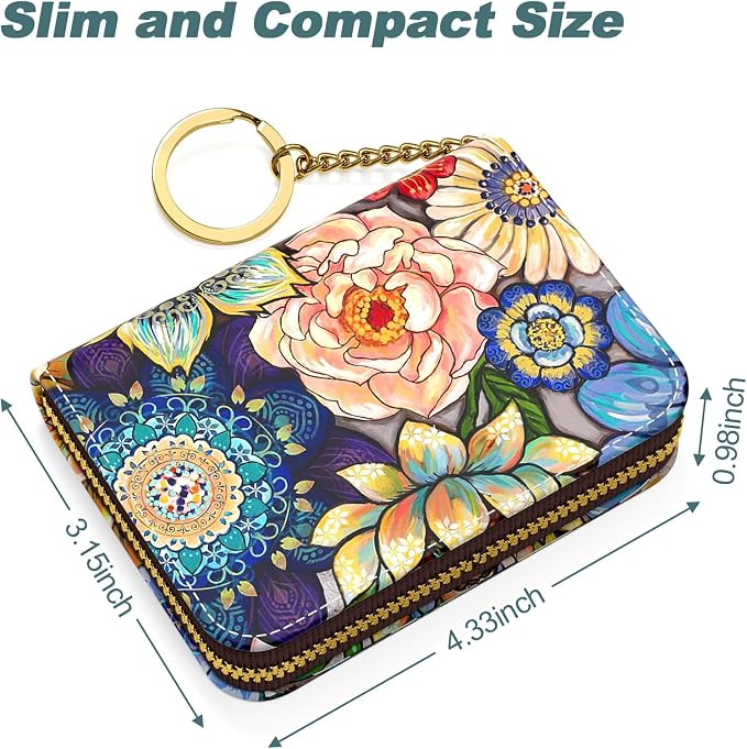 Nipichsha Women's RFID Blocking Small Leather Wallet, Mandala Flower, Slim and Compact Size, 12-Accordion Slots, Protects Privacy