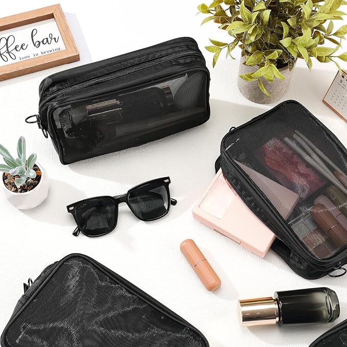 Weewooday 4 Pcs Mesh Makeup Bag Mesh Cosmetic Bag Toiletry Pouch with Zipper Mini Makeup Cosmetic Purse for Daily Accessory(Large,Black)