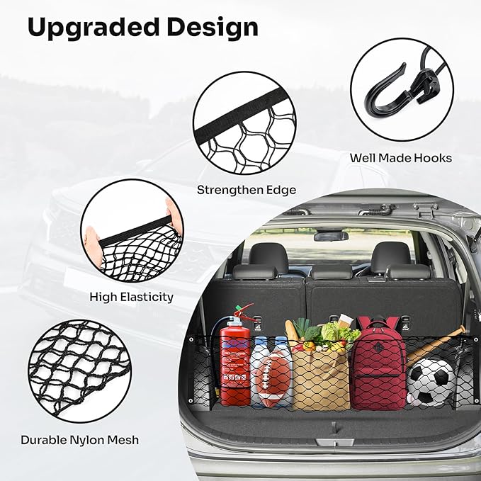 Canvcle Trunk Cargo Net for 2013-2025 2026 Hyun-dai Santa Fe Accessories Envelope Style Mesh Trunk Net Organizer and Storage Stretchable Adjustable Elastic Nylon Rear Cargo Netting with Hooks