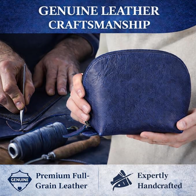 Genuine Leather Toiletry Bag for Men & Women, Navy Blue | Leather Makeup Bag, Travel Dopp Kit Organizer, YKK Zipper, Handmade, 9 x 6 x 4 Inch