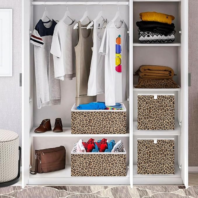 Brown Leopard Print Storage Baskets, 15.75x10.63x6.96 inch Foldable Decorative Fabric Storage Bins, Closet Organizer for Shelves, Clothes, Books & Bedroom Organization