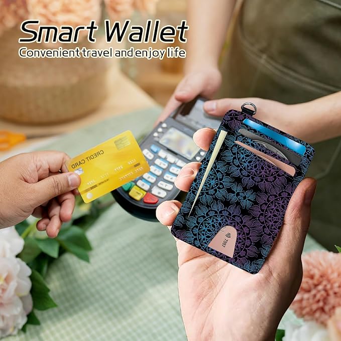 Small Travel Wallets, Purple Blue Mandala Slim Minimalist Front Pocket Wallet with Wristlet, RFID Blocking PU Leather Credit Card Holder with ID Window Change Purse for Men Women