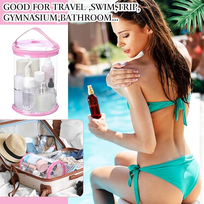 Sanwuta Clear Lotion Bag for Toiletry Sunscreen Cylinder Makeup Bag Heavy Duty Travel Organizer Pouch Waterproof Cosmetic Pouch with Handle Zipper Gift for Summer Beach Pool Airport Women(Pink)